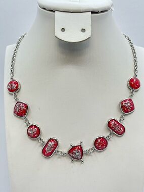 Silver Tone Red Acrylic Druzy Style Statement Necklace Bold Link